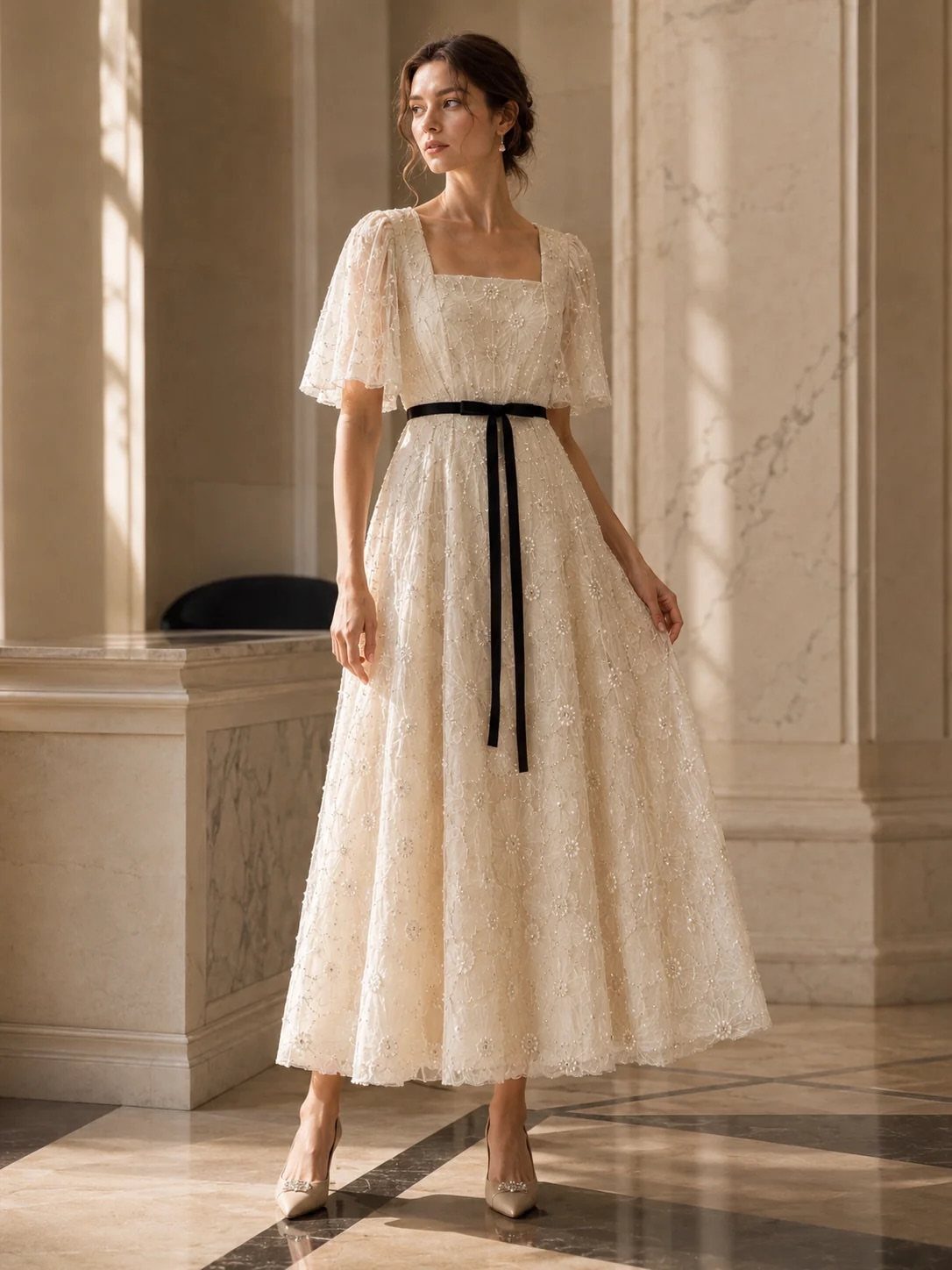 Woman in a cream textured midi dress with a black waist ribbon in marble hall