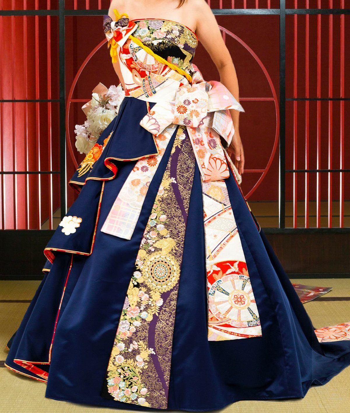 Navy blue wedding gown with traditional Japanese kimono fabric panels and floral patterns.