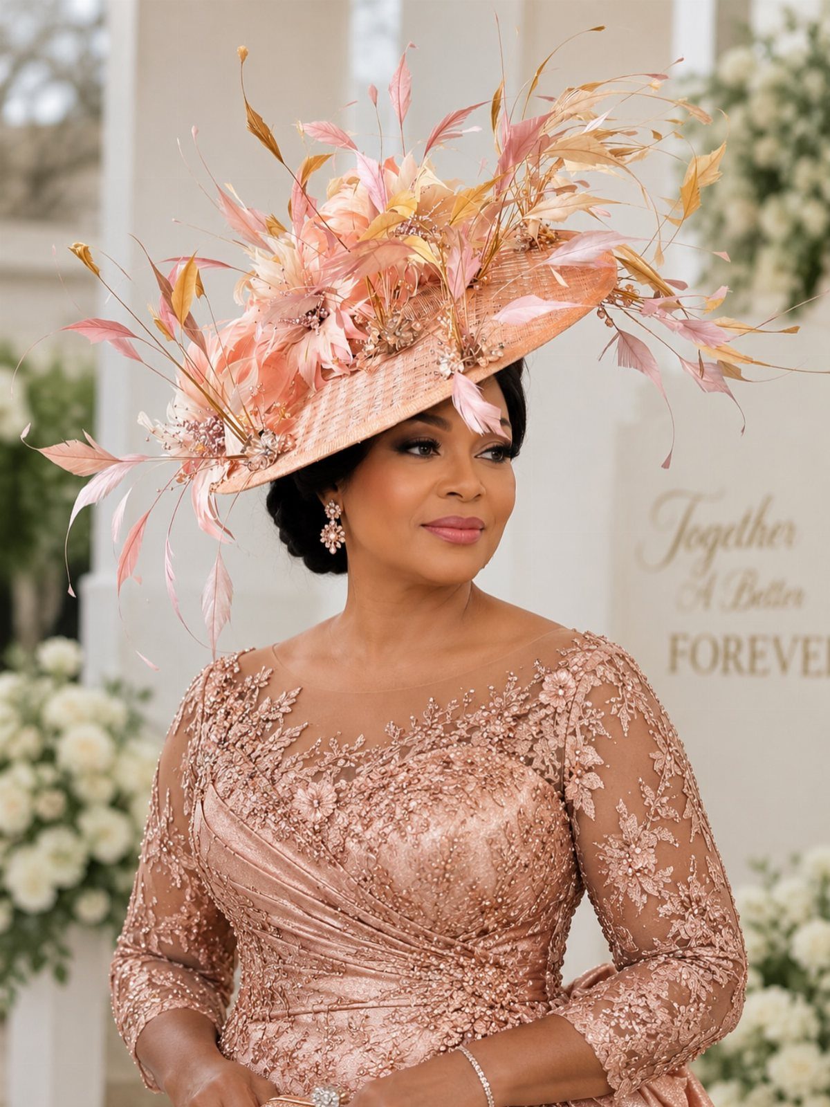 Woman in rose-gold lace dress wearing a large peach fascinator and jewelry.