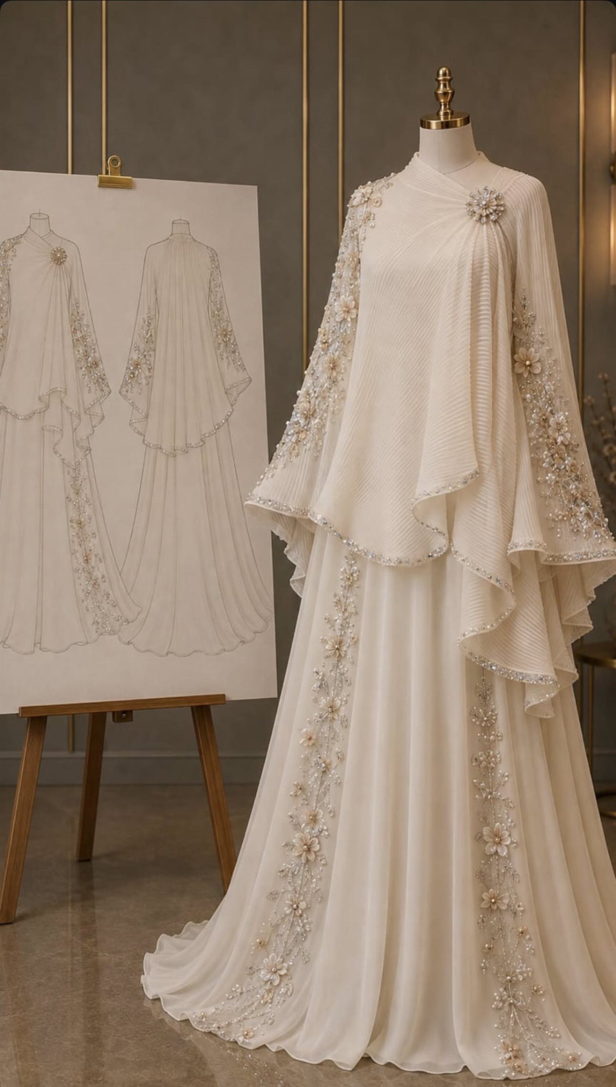White embroidered wedding gown with cape on mannequin next to its design sketch.