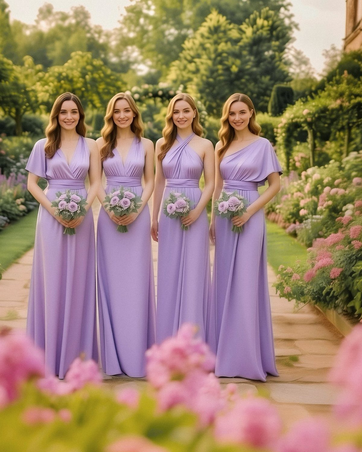 Four bridesmaids in solid periwinkle dresses holding bouquets in a lush garden setting