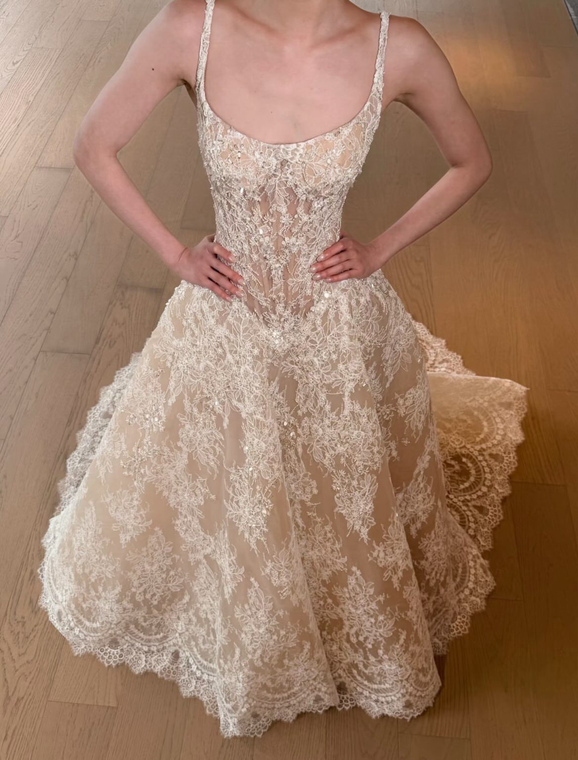 Champagne wedding gown with a sheer corset bodice and full lace skirt.