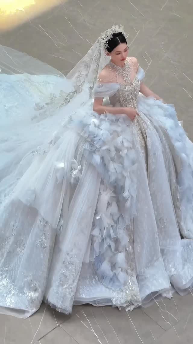 Woman in a voluminous light blue wedding dress with floral details and a veil.