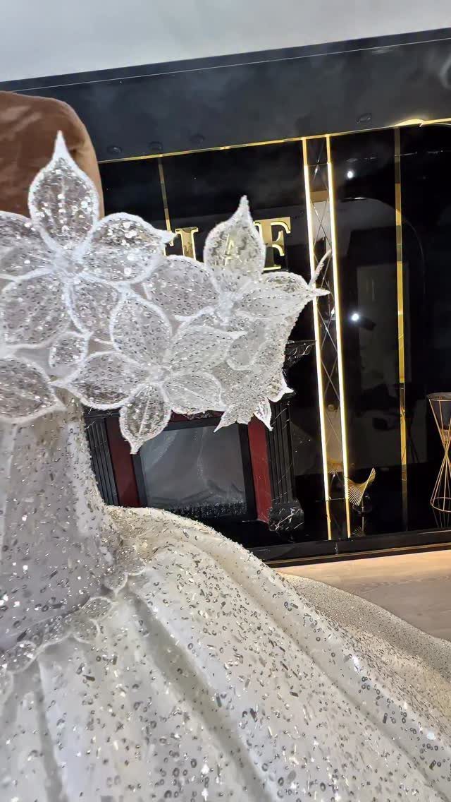 White sparkling wedding gown with large 3D floral lace appliqués on the sleeve.