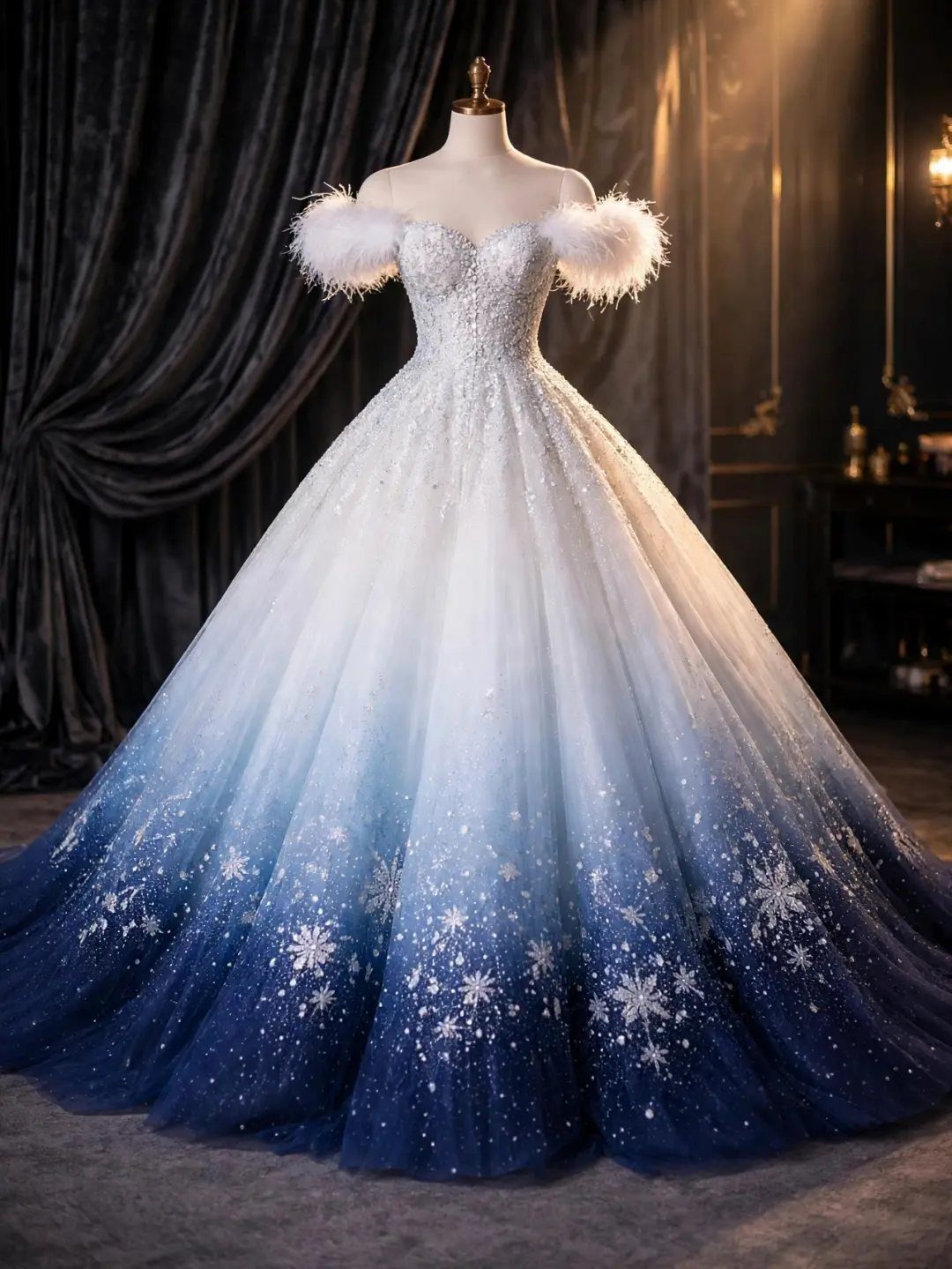 Voluminous ballgown with white bodice and navy blue tulle skirt with silver snowflakes.