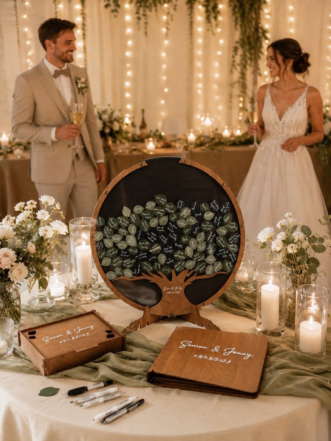 Circular wooden message tree with green leaf cards on a wedding reception table