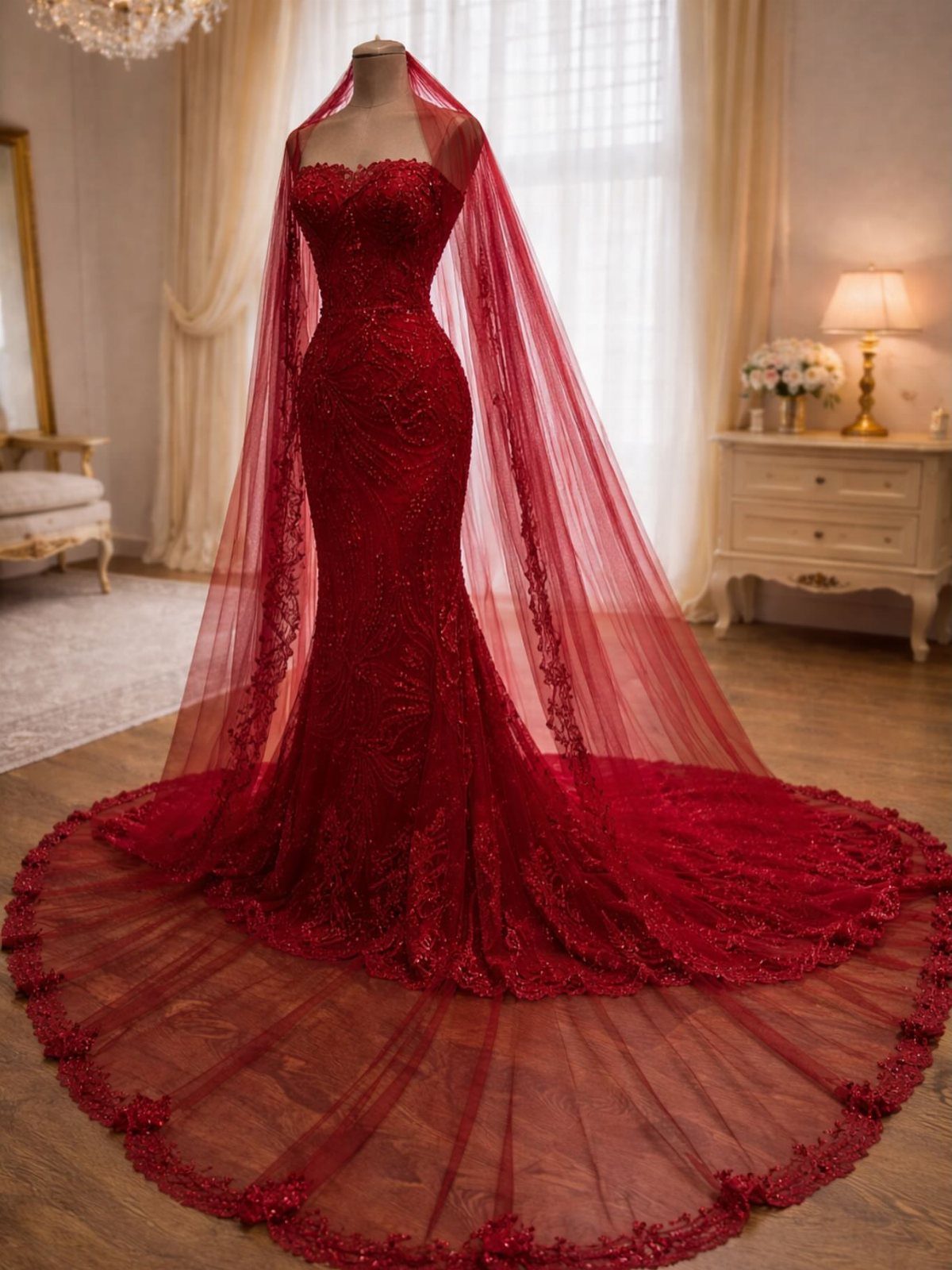 Red lace wedding dress with a long train and veil on a mannequin