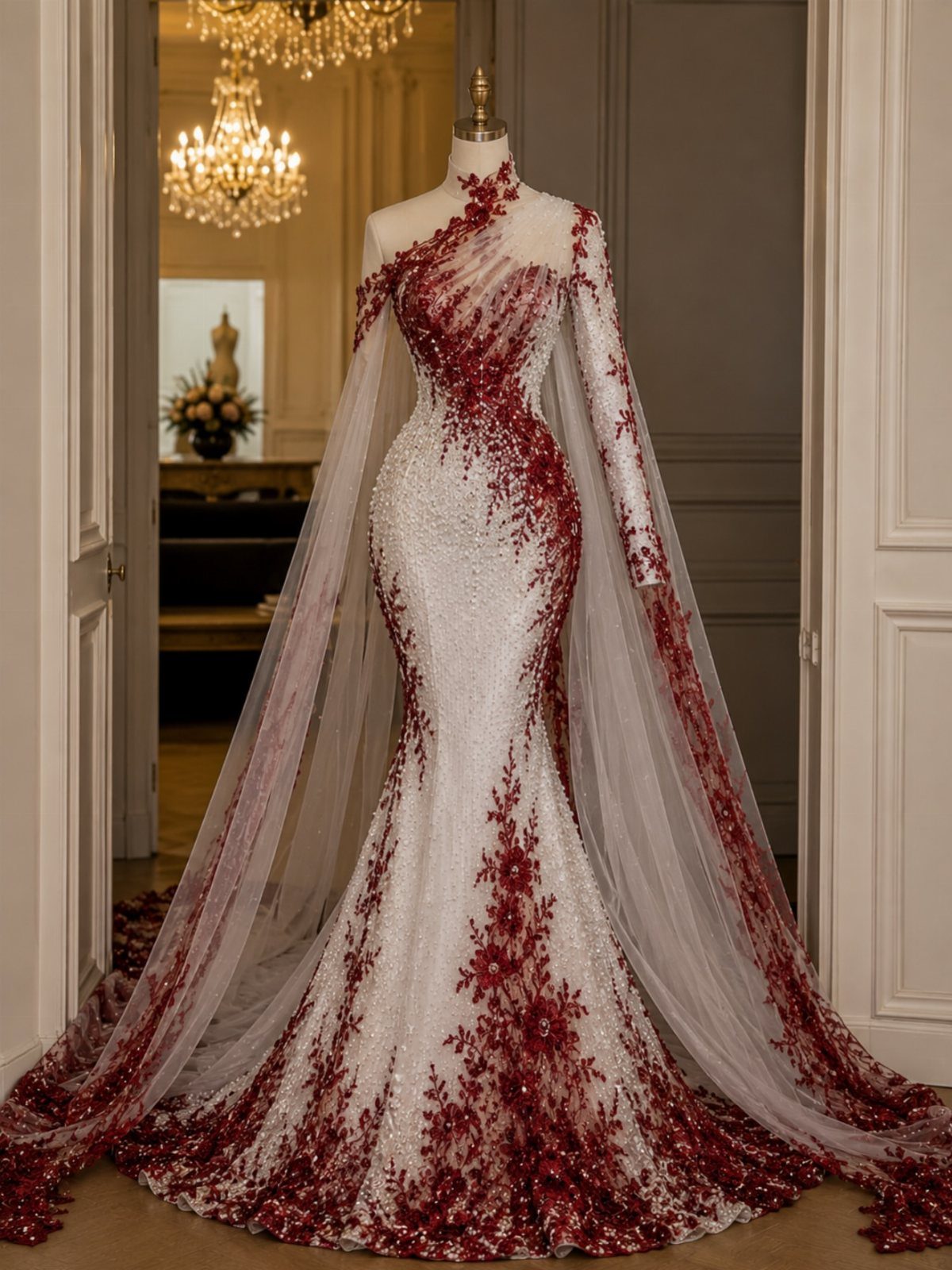 Mermaid wedding gown with red floral lace embroidery and a sheer white cape.