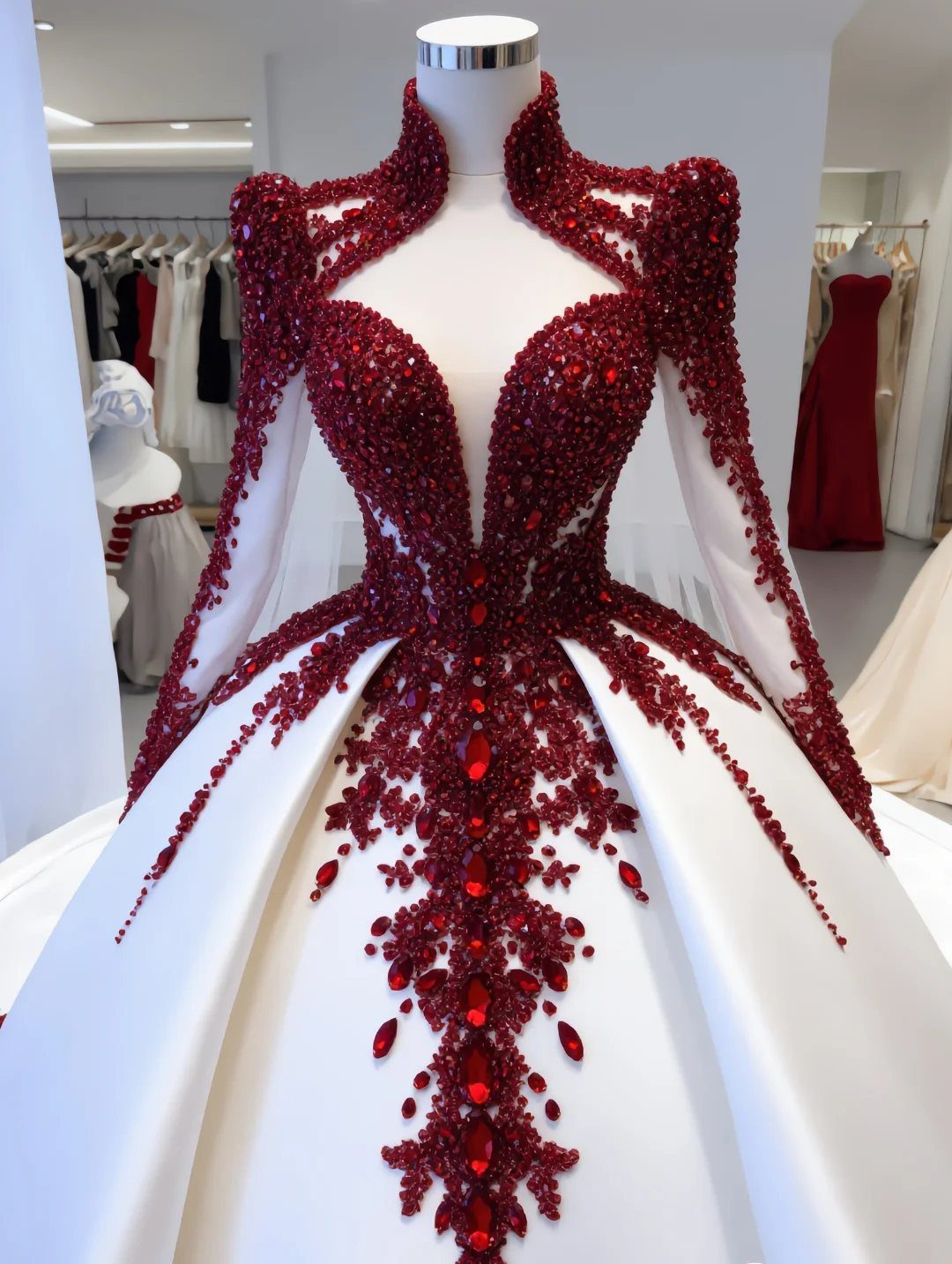 White ballgown with an intricate red beaded bodice on a bridal shop mannequin