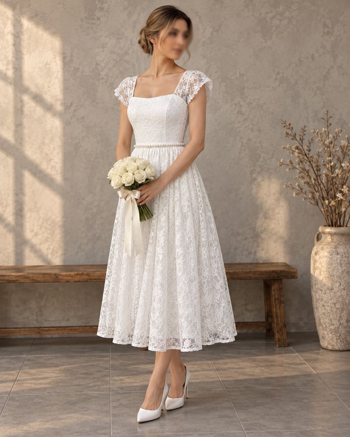 Woman in a white lace A-line midi dress holding a white rose bouquet.