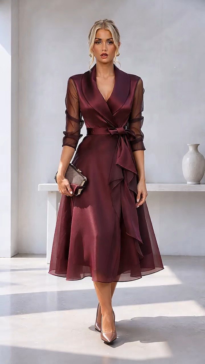Woman in a burgundy satin midi dress with sheer sleeves and pointed heels.