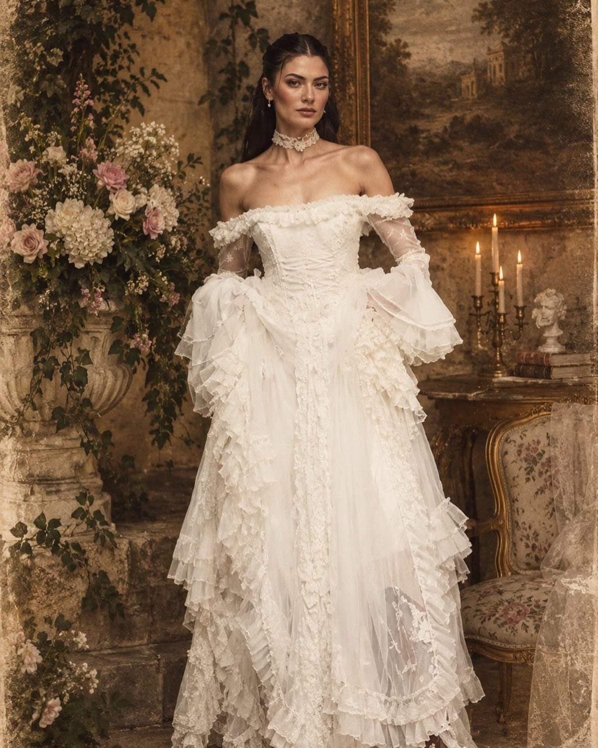 Woman in an ornate white ruffled wedding dress standing in a vintage room