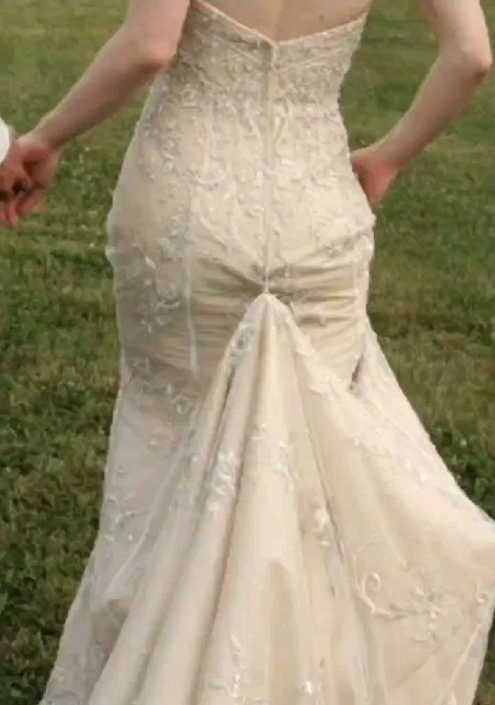 Cream embroidered wedding dress with the train gathered into a bustle on grass