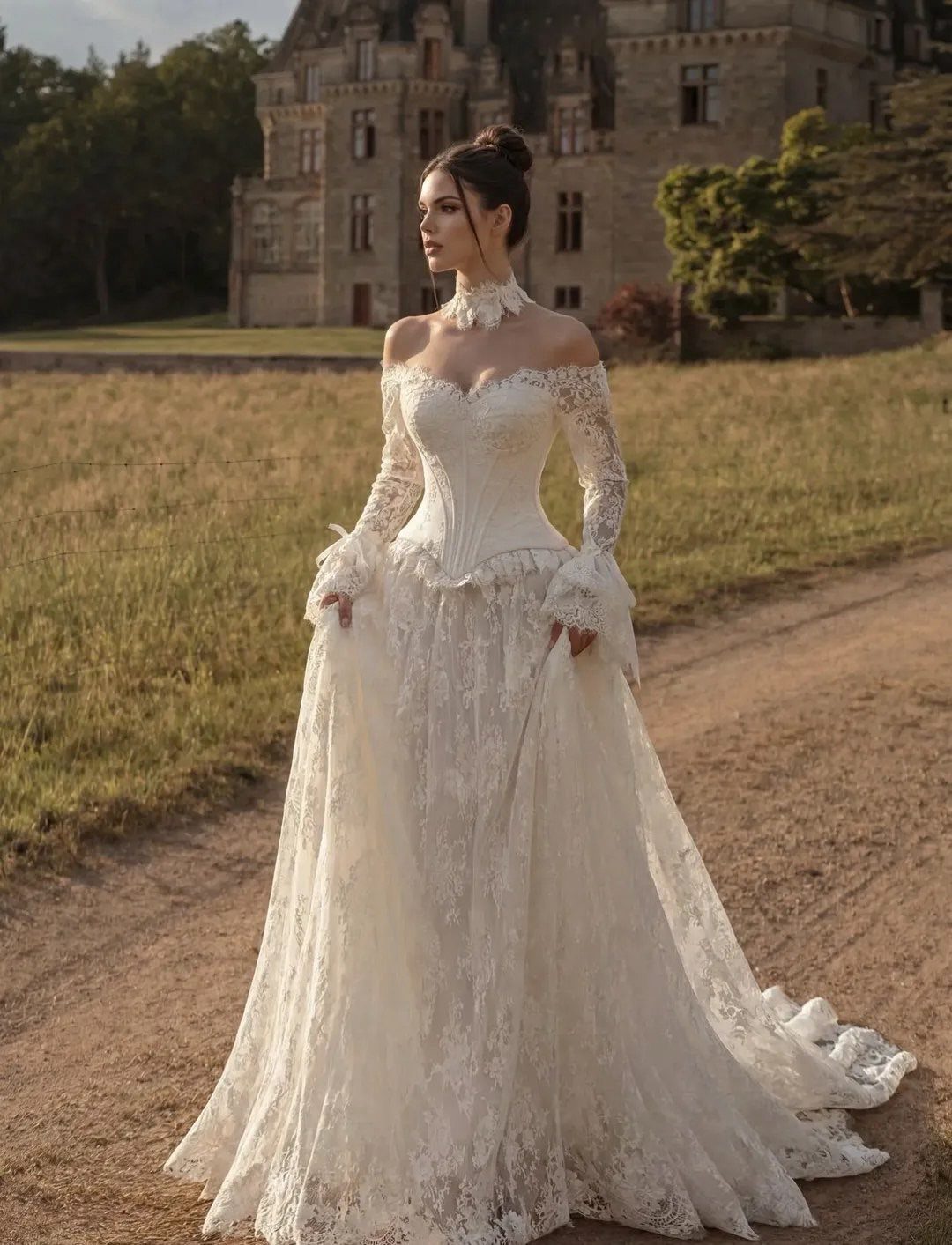 Woman in a white lace medieval style wedding dress standing before a castle