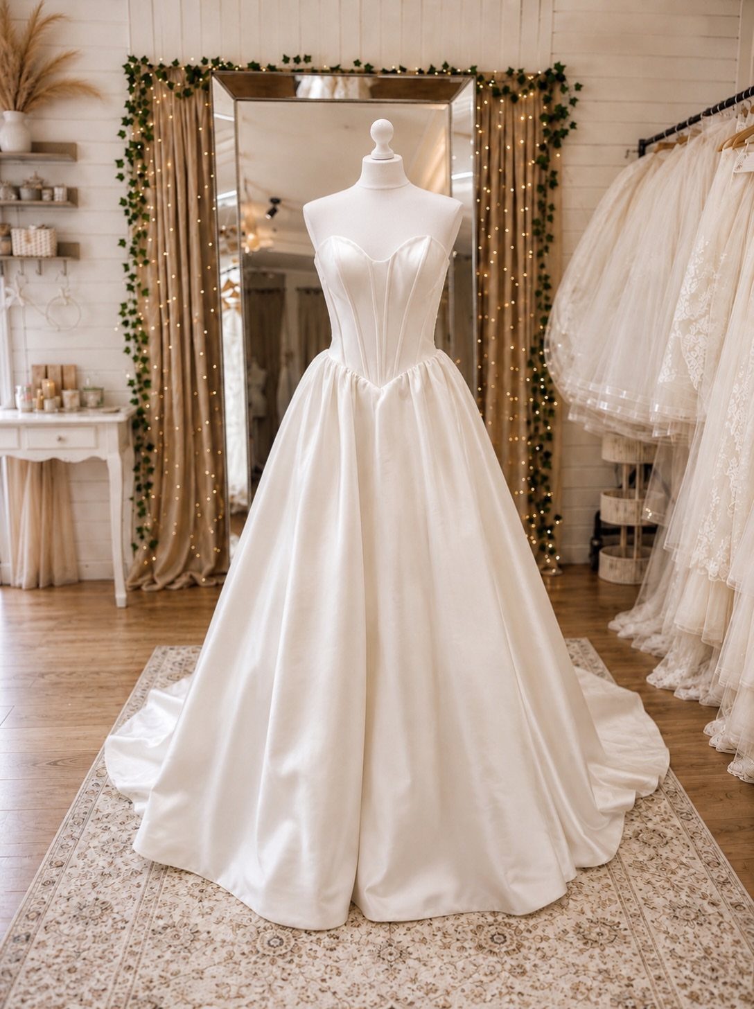 White strapless ballgown wedding dress on a mannequin in a bridal boutique setting.