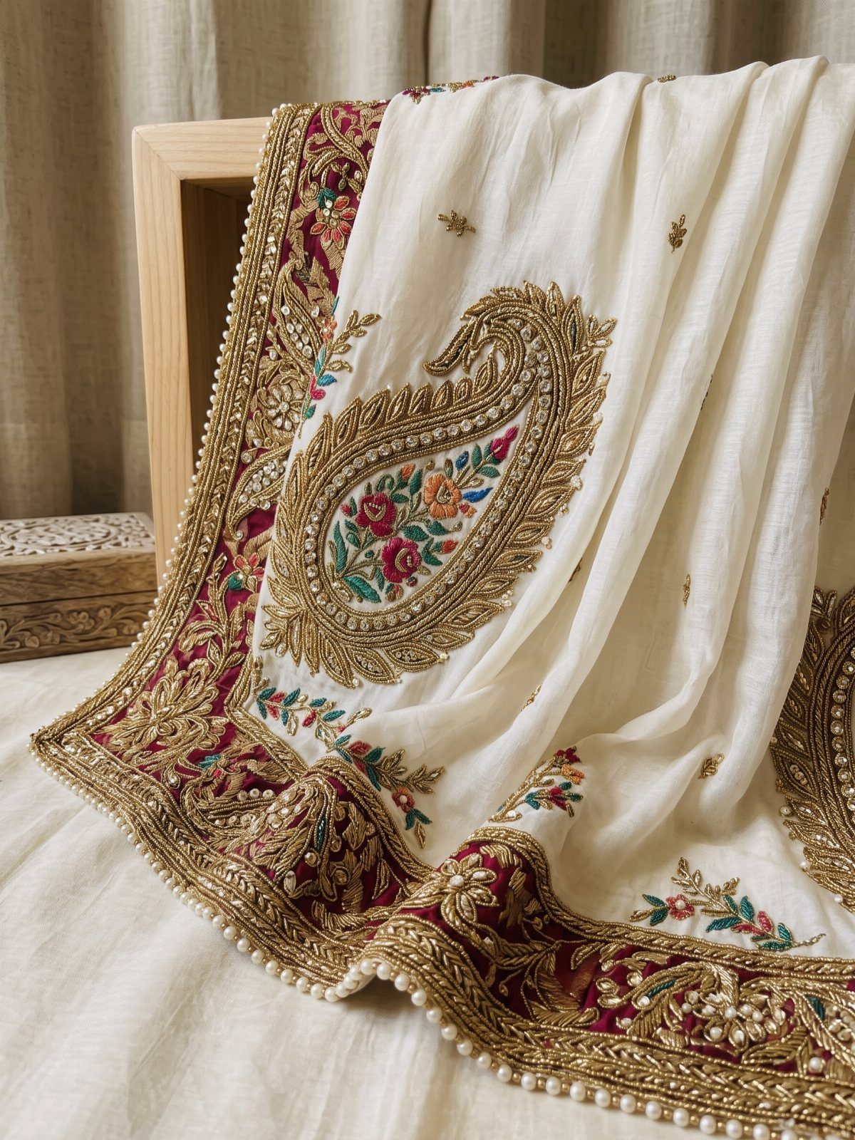 White embroidered bridal stole with gold paisley design and maroon beaded border.