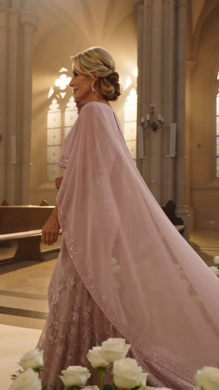 Woman in mauve lace gown and matching sheer shawl standing in a church.