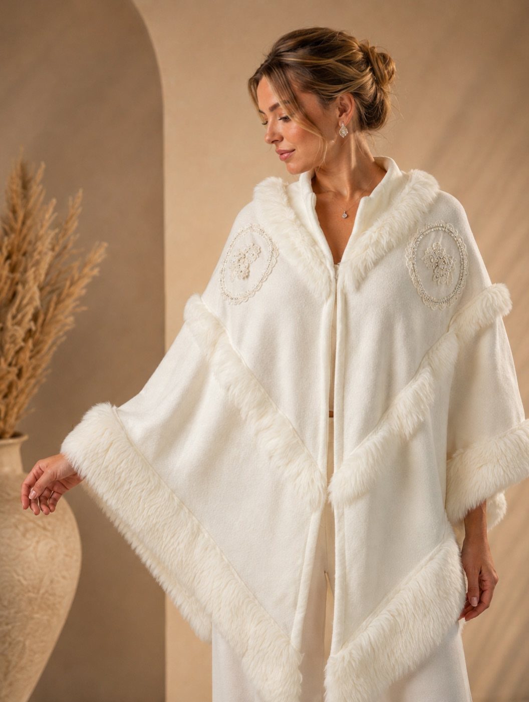 Woman wearing a white faux-fur wedding shawl with embroidered shoulder details.