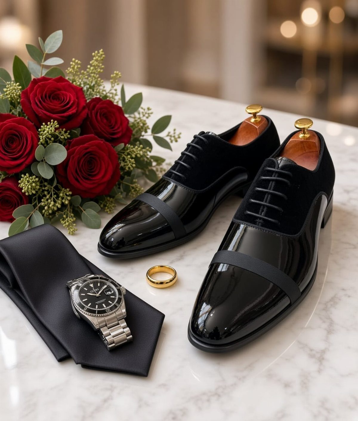 Black patent leather dress shoes with shoe trees on marble with red roses.