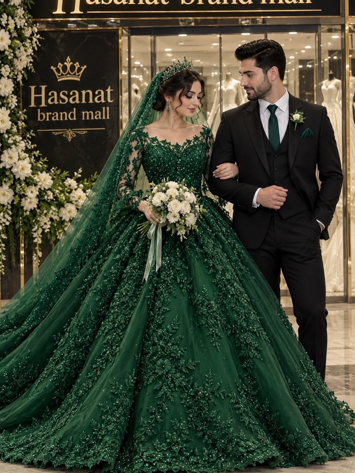 Couple posing in a dark green lace wedding gown and black suit