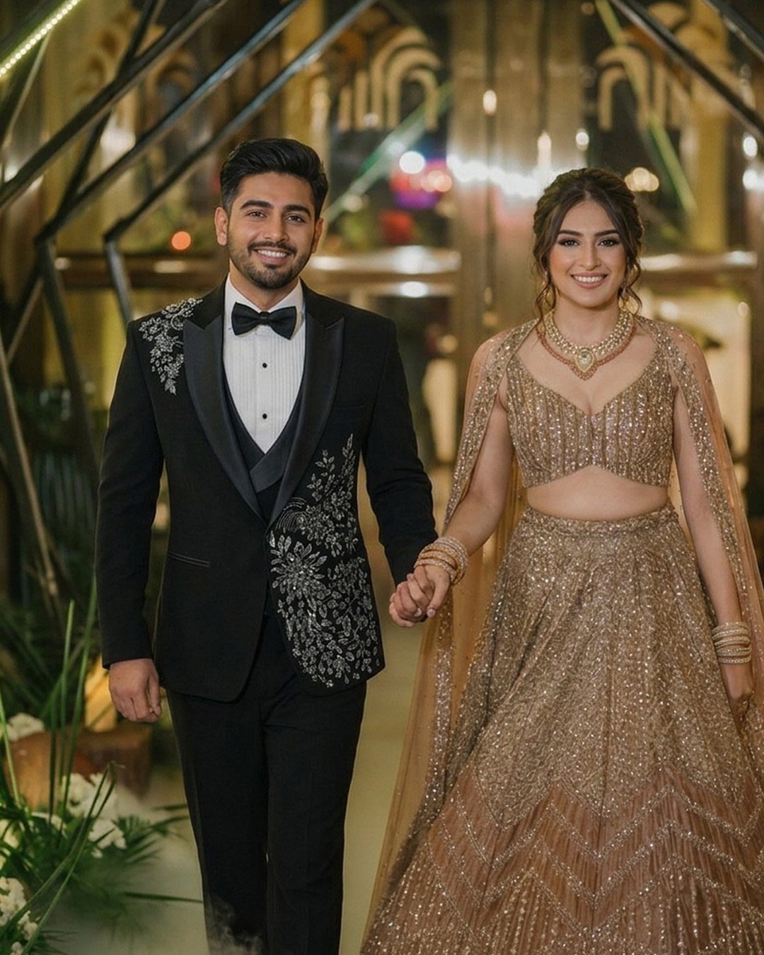 Couple in formal wedding attire, man in black tuxedo and woman in gold lehenga.