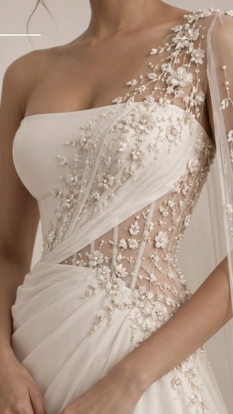 White one-shoulder wedding dress with dimensional floral lace and draped fabric details.