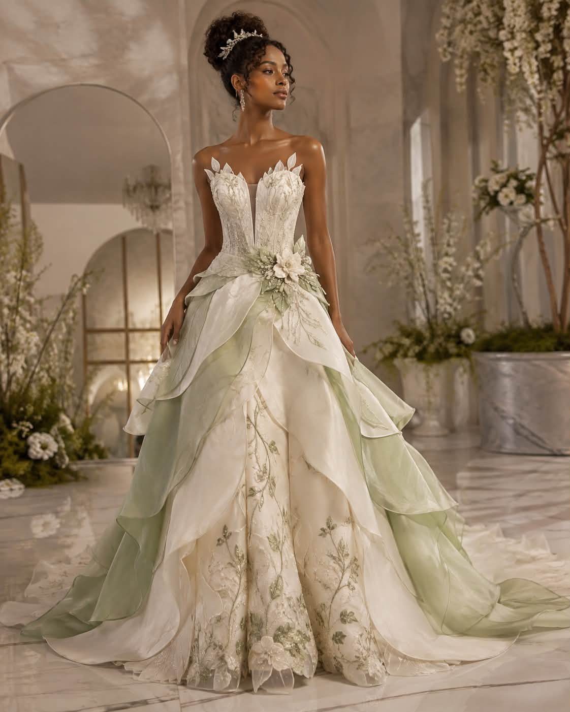 Woman in a voluminous white and pale green floral ballgown wedding dress