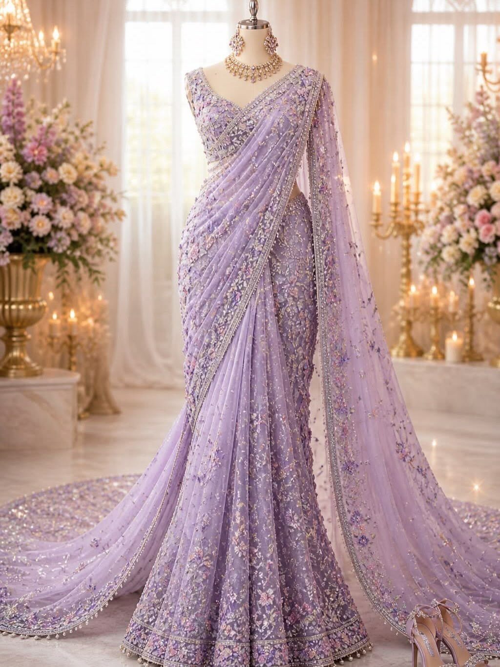 Lavender embellished bridal lehenga on a mannequin in a bright, floral room.