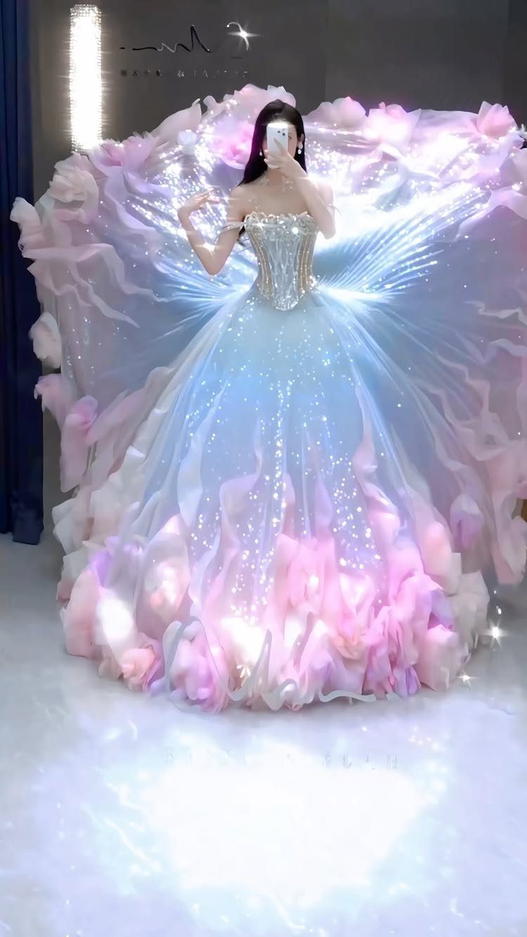 Woman in a sparkling light blue and pink ruffled colored wedding dress