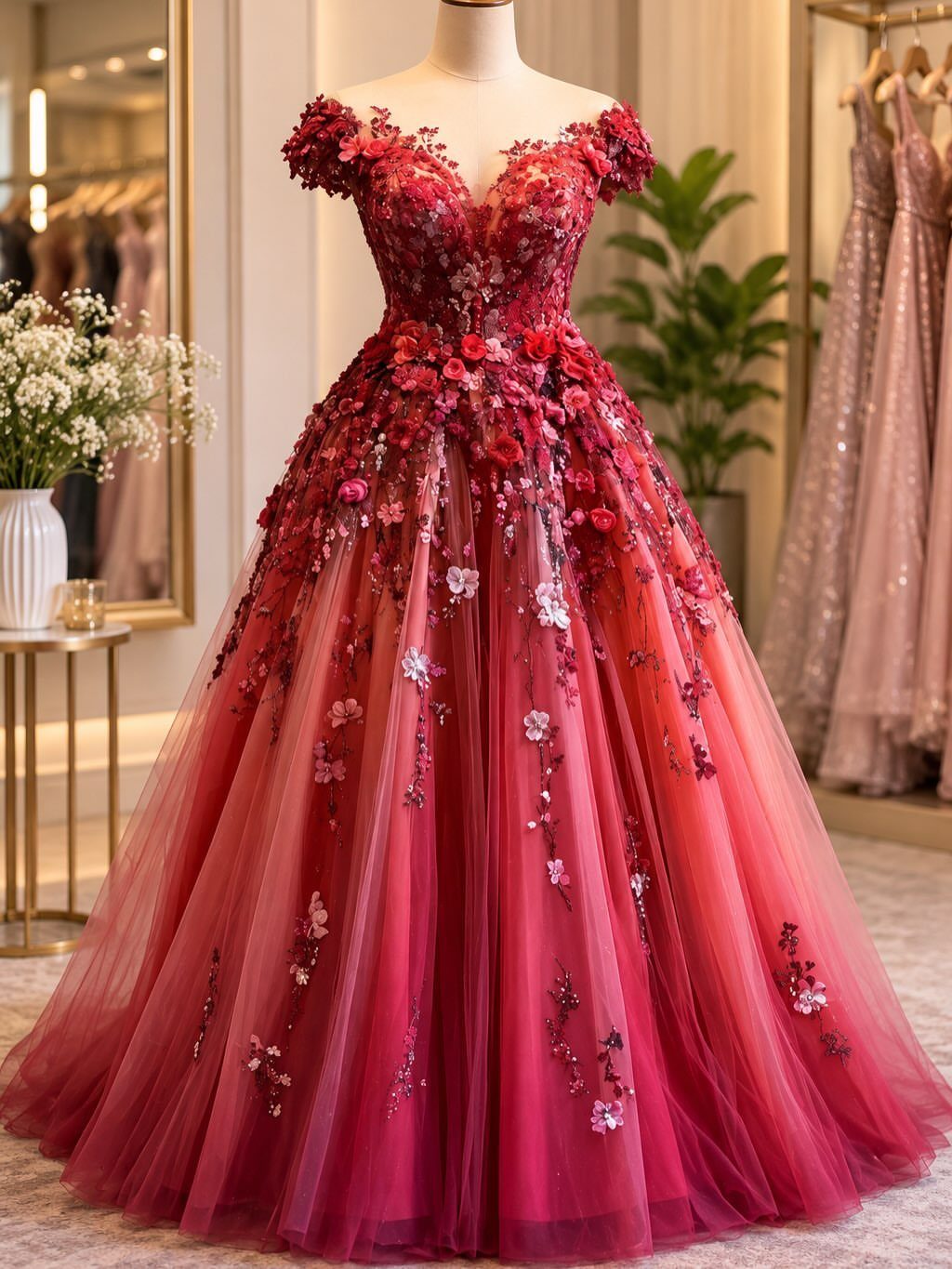 Red floral wedding dress with a full tulle skirt on a mannequin
