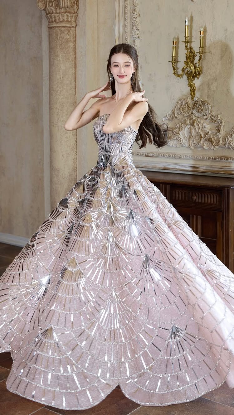Woman in a strapless pink ball gown with shimmering silver sequin patterns.