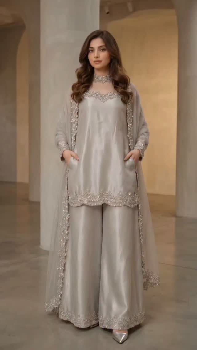 Woman in a silver-grey embroidered tunic, wide-leg trousers, and a sheer cape.
