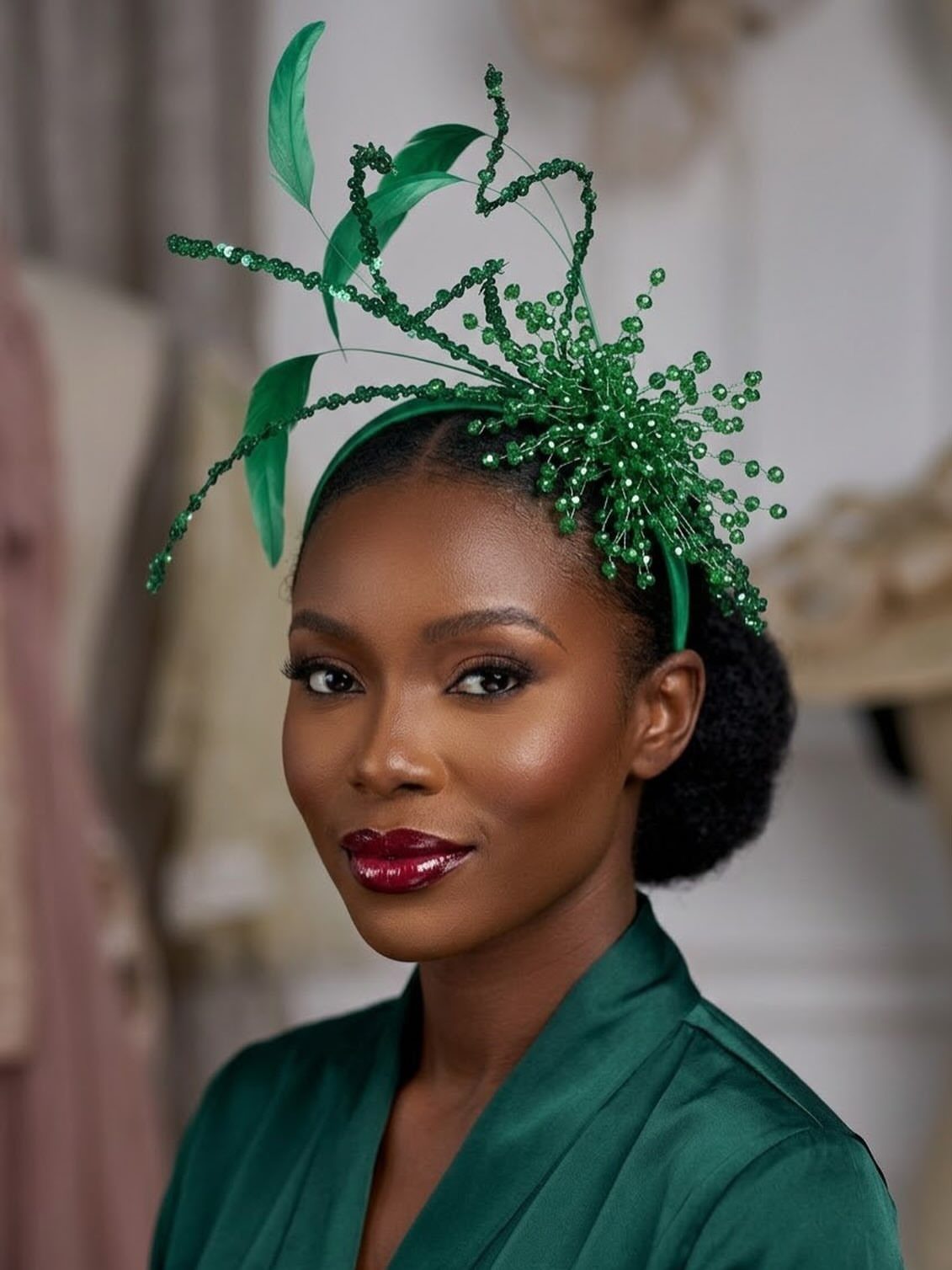Woman wearing a green satin outfit and an elaborate green beaded headpiece.
