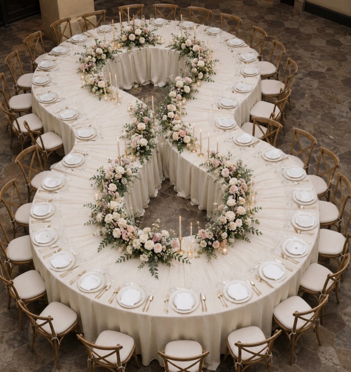 Figure-eight shaped wedding guest table with white linens, floral centerpieces, and gold cutlery.