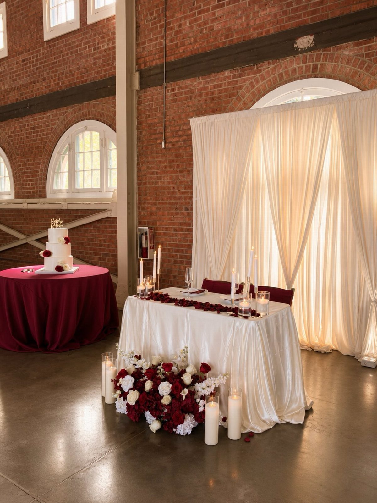 Small white draped table with red roses and candles before white curtains.