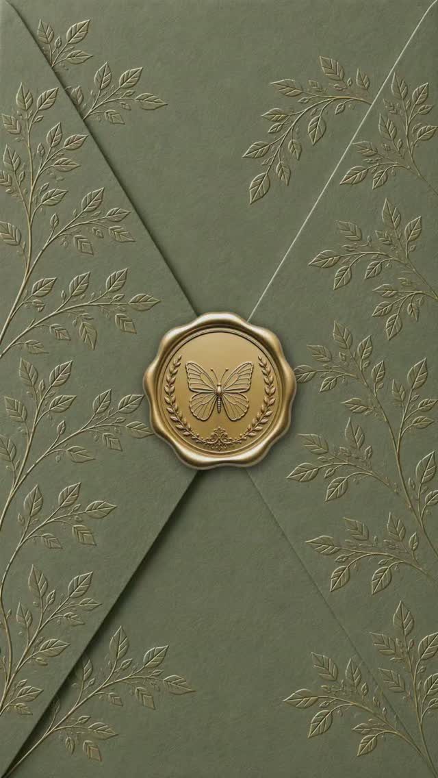 Sage green envelope with embossed gold leaves and a gold butterfly wax seal.