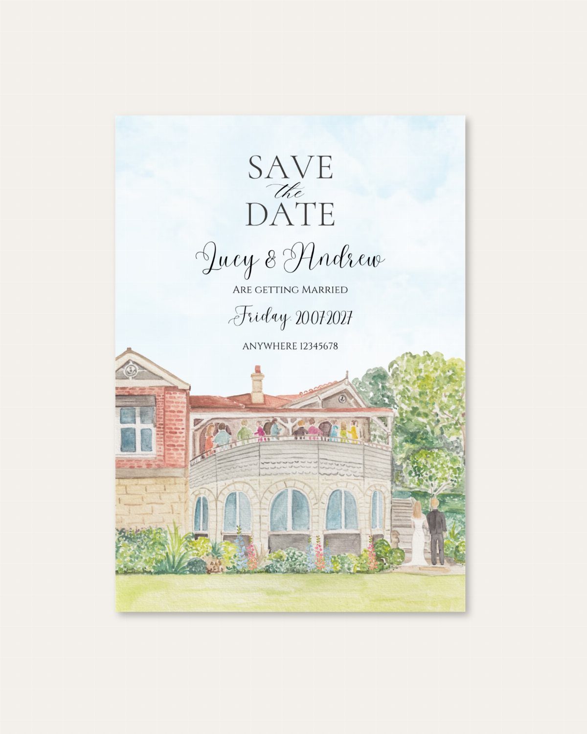 Save the date card with watercolor illustration of a wedding venue and couple.