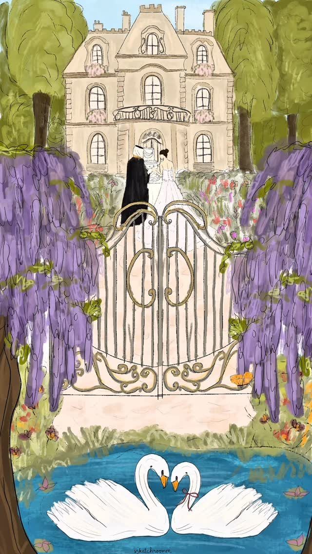 Wedding couple standing before a stone chateau with purple wisteria and white swans.