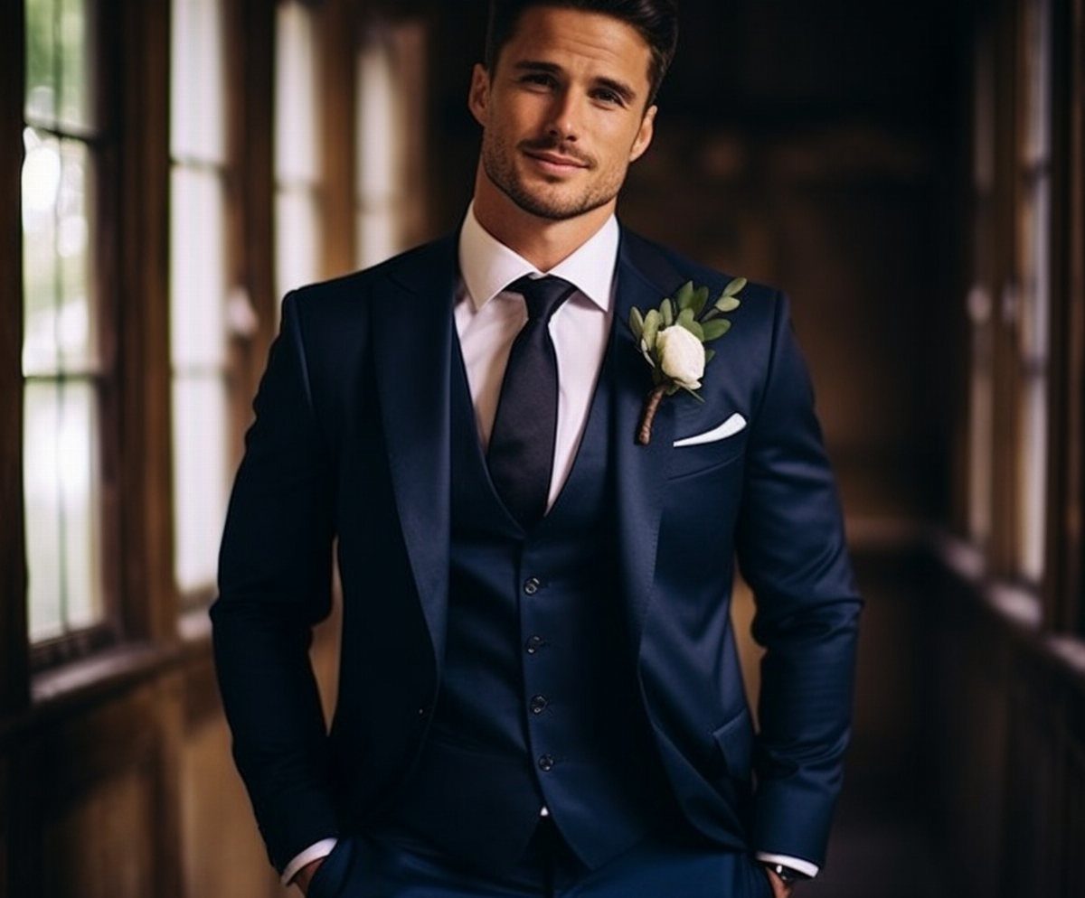 Man in a navy blue three-piece wedding suit with a white rose boutonniere.