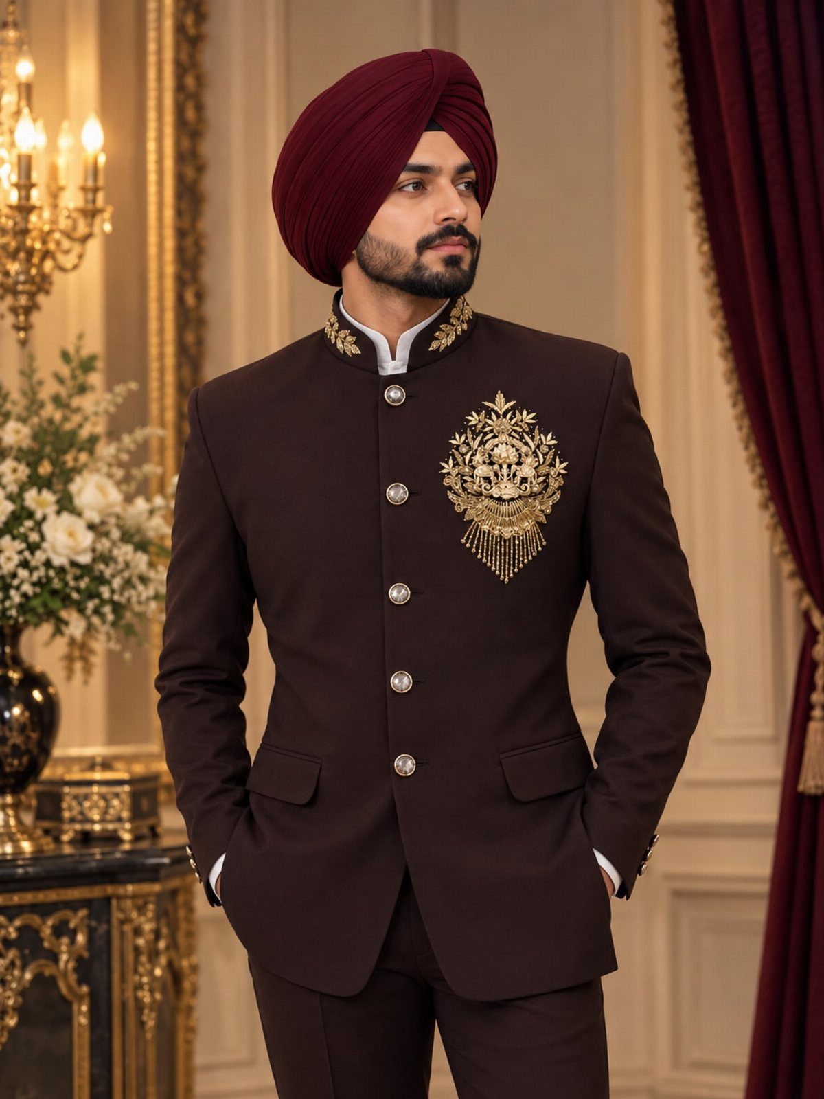 Man in maroon turban and dark brown suit with gold embroidery posing indoors.