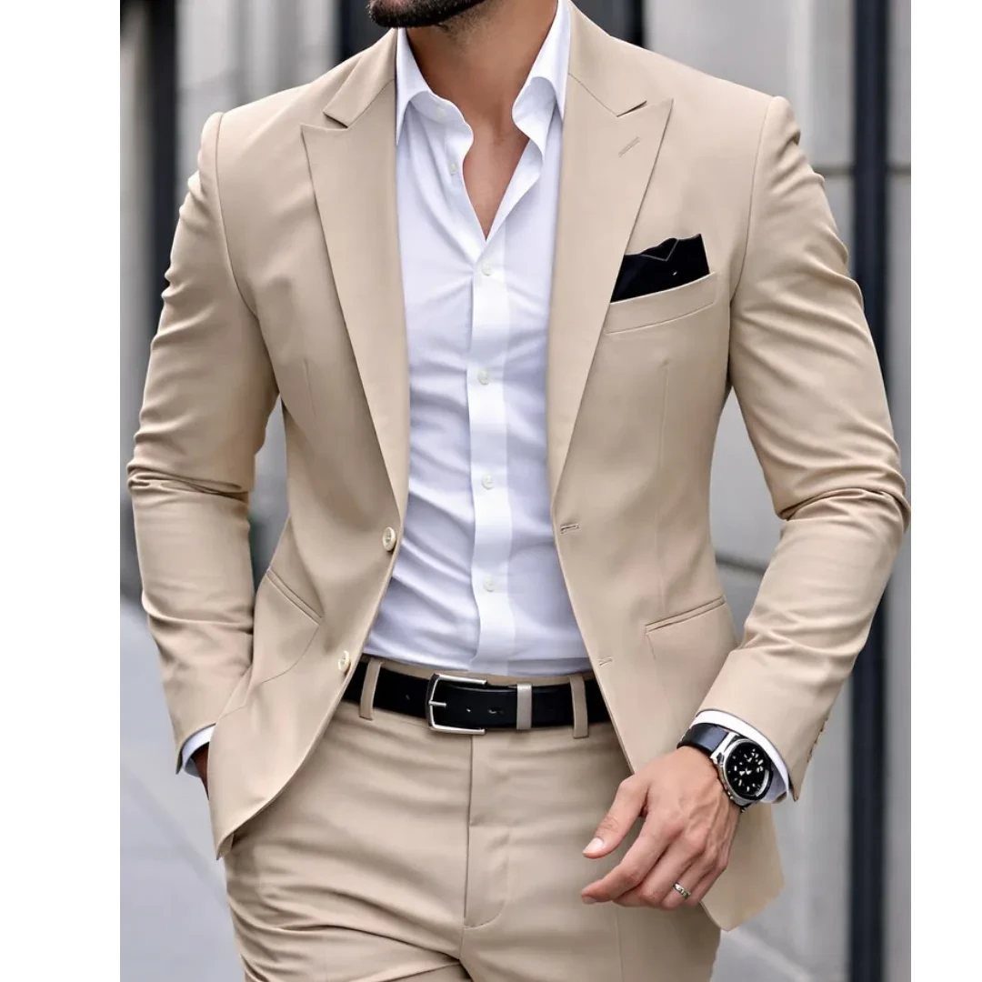 Man in a tailored beige suit with a white shirt and black accessories.