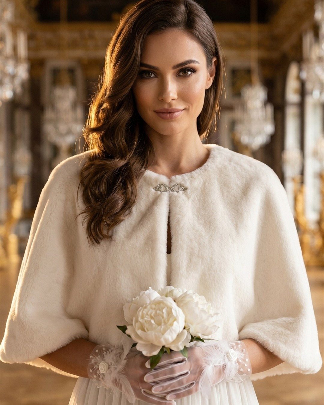 Woman wearing a white faux fur bridal capelet and lace gloves holding peonies.